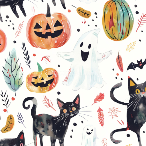Seamless 3D PBR watercolor Halloween texture with pumpkins, black cats, and ghosts