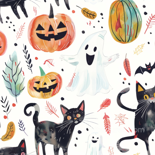 Watercolor Halloween Texture With Pumpkins, Black Cats, And Ghosts seamless Watercolor Halloween PBR texture