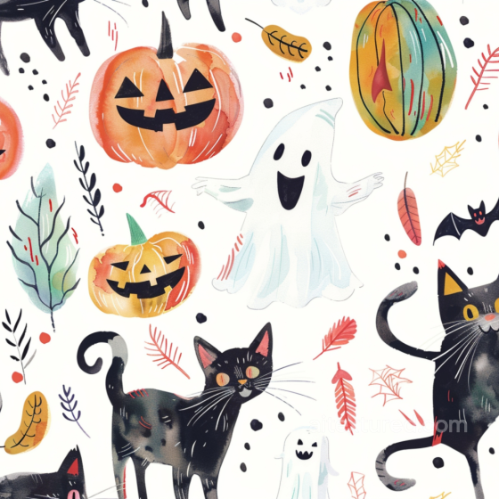 Watercolor Halloween Texture With Pumpkins, Black Cats, And Ghosts Watercolor Halloween texture preview