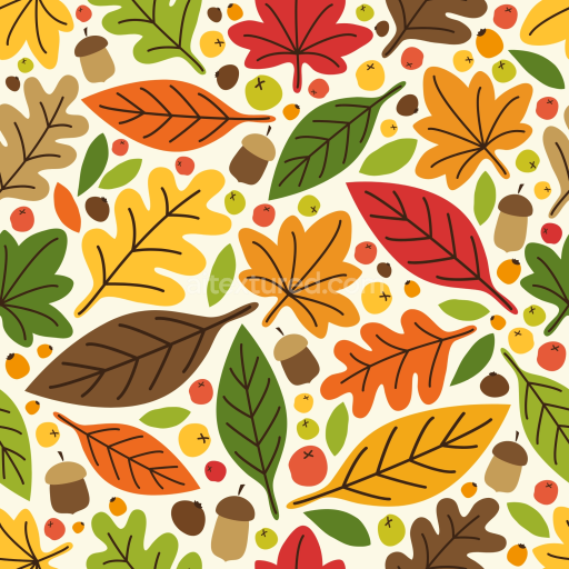 Seamless 3D PBR Texture Featuring Stylized, Colorful Autumn Leaves and Acorns