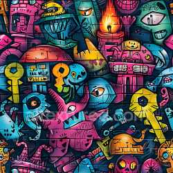 seamless Seamless 3D PBR Graffiti Texture Featuring Vibrant Cartoon Street Art on Brick texture 8k free download PBR