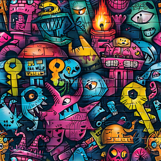 Seamless 3D PBR Graffiti Texture Featuring Vibrant Cartoon Street Art on Brick