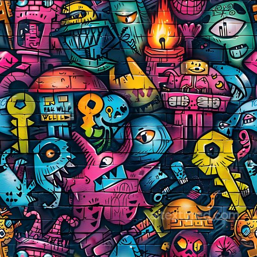 Seamless 3D PBR Graffiti Texture Featuring Vibrant Cartoon Street Art on Brick texture preview