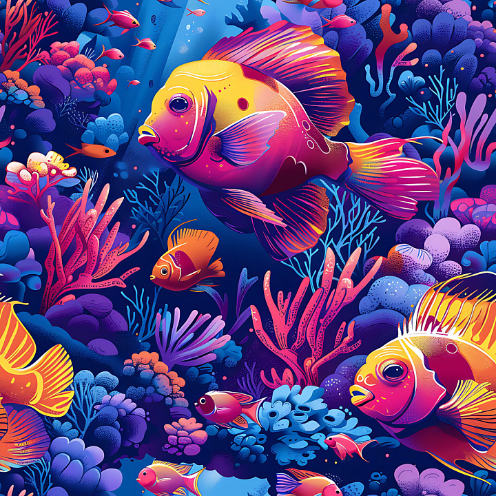 Graffiti Featuring Vibrant Colorful Fish and Coral Reef Scene seamless PBR texture preview