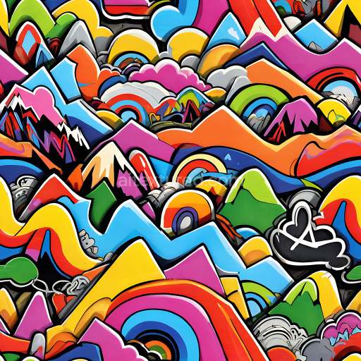 Preview — Seamless 3D PBR Graffiti Texture Featuring Vibrant Abstract Mountain and Rainbow Patterns