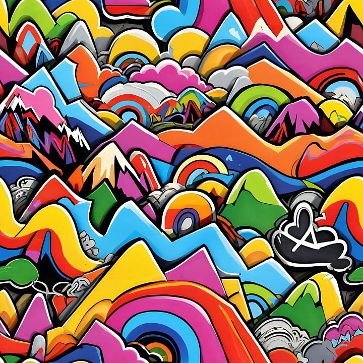 Graffiti Featuring Vibrant Abstract Mountain and Rainbow Patterns seamless PBR texture preview