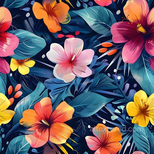 Seamless 3D PBR Texture of Vibrant Tropical Floral Graffiti with Deep Blue Leaves texture preview