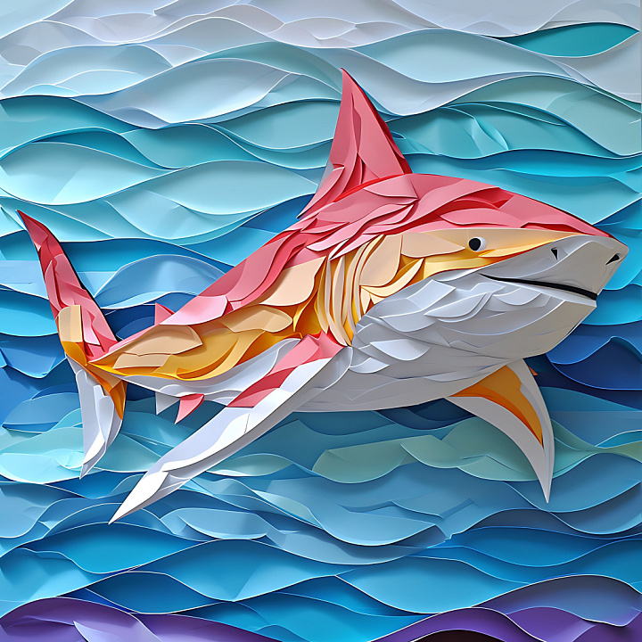 Bull Shark in Origami Paper Style with Colorful Layered Waves seamless PBR texture preview
