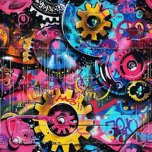 Seamless 3D PBR Texture of Vibrant Graffiti Gears and Abstract Street Art