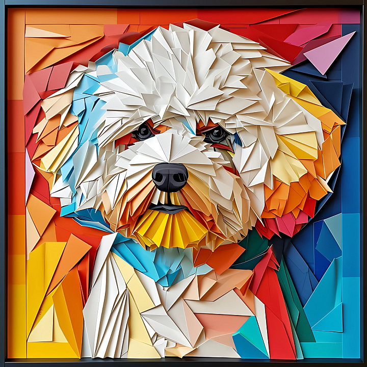 Origami-Inspired Bichon Frise Dog with Vibrant Geometric Color Blocks seamless PBR texture preview