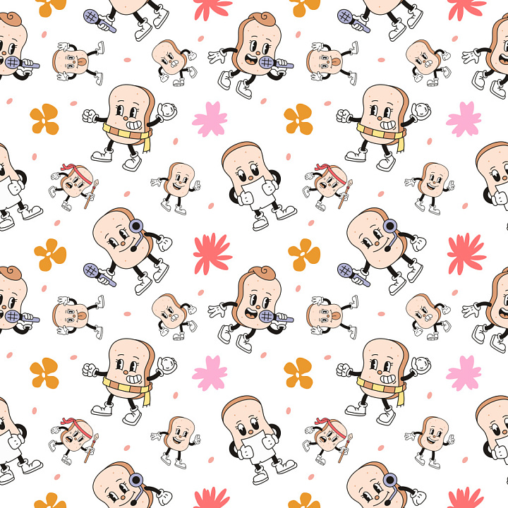 Pattern with Retro Cartoon Characters and Playful Floral Motifs seamless PBR texture preview