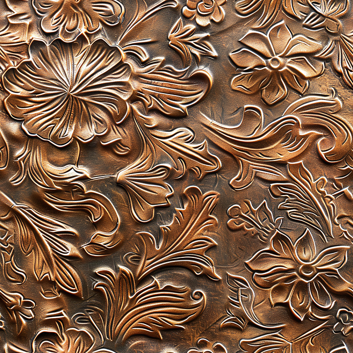 Embossed Brown Leather With Floral Relief Pattern seamless PBR texture preview