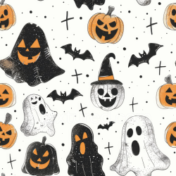 seamless Seamless 3D PBR Halloween Fabric Texture with Cartoon Pumpkins, Ghosts & Bats texture 8k free download PBR