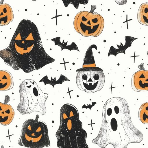 Seamless 3D PBR Halloween Fabric Texture with Cartoon Pumpkins, Ghosts & Bats