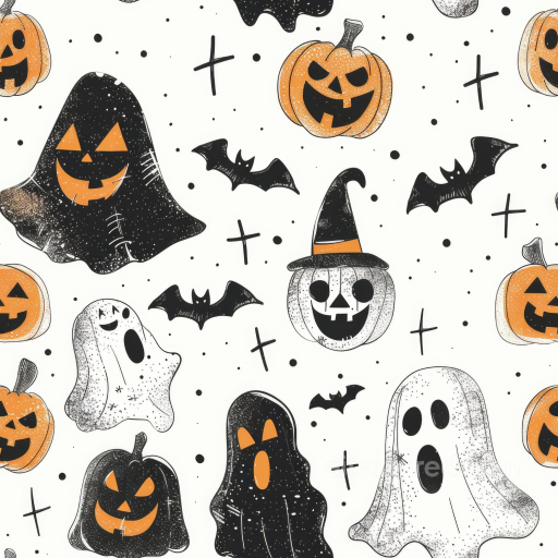 Halloween Fabric Texture with Cartoon Pumpkins, Ghosts & Bats seamless Watercolor Halloween PBR texture