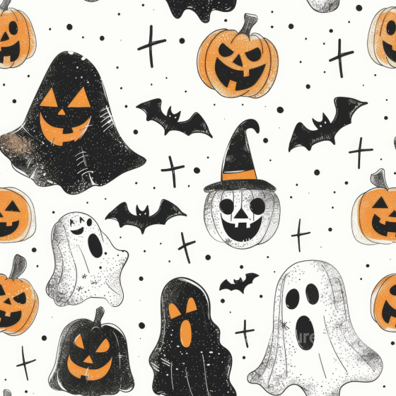 Halloween Fabric Texture with Cartoon Pumpkins, Ghosts & Bats Watercolor Halloween texture preview