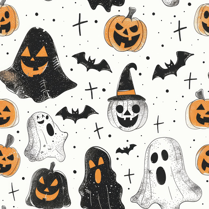Halloween Fabric with Cartoon Pumpkins, Ghosts & Bats seamless PBR texture preview