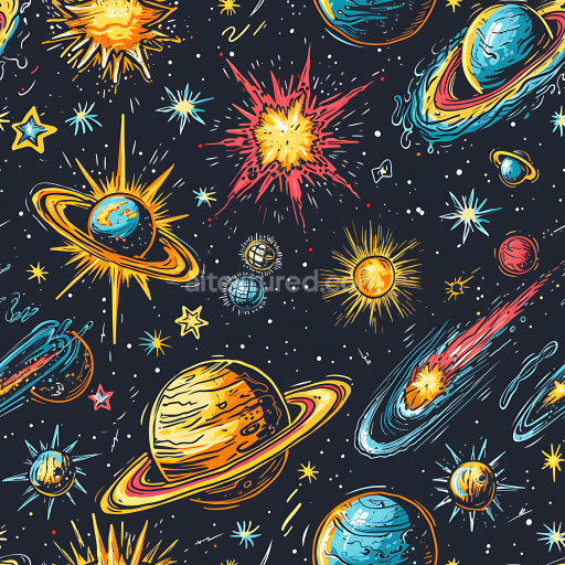 Seamless 3D PBR Space Texture with Colorful Stylized Planets & Starbursts