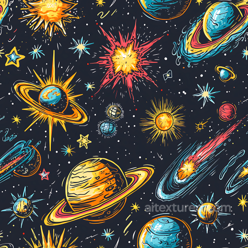 Space Texture with Colorful Stylized Planets & Starbursts seamless Star, space, planets PBR texture