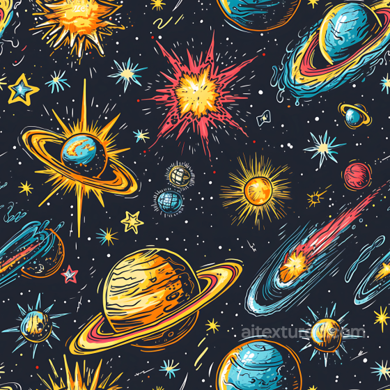 Space Texture with Colorful Stylized Planets & Starbursts Star, space, planets texture preview