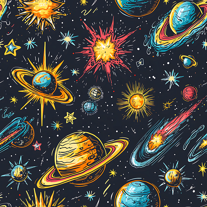 Space with Colorful Stylized Planets & Starbursts seamless PBR texture preview