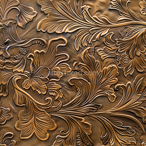 Seamless 3D PBR Embossed Floral Pattern Brown Leather Texture with Detailed Grain