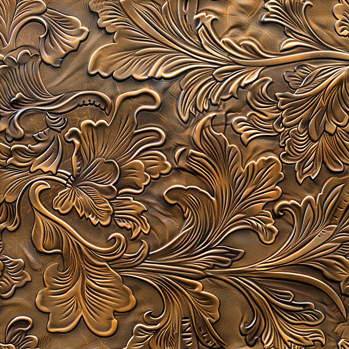 Embossed Floral Pattern Brown Leather with Detailed Grain seamless PBR texture preview