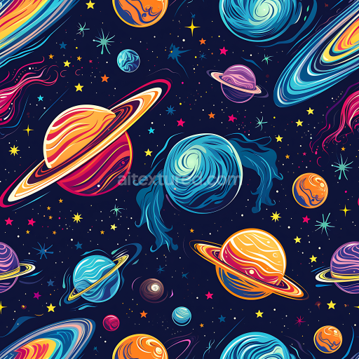 Seamless 3D Space PBR Texture Featuring Stylized Colorful Planets and Starfield
