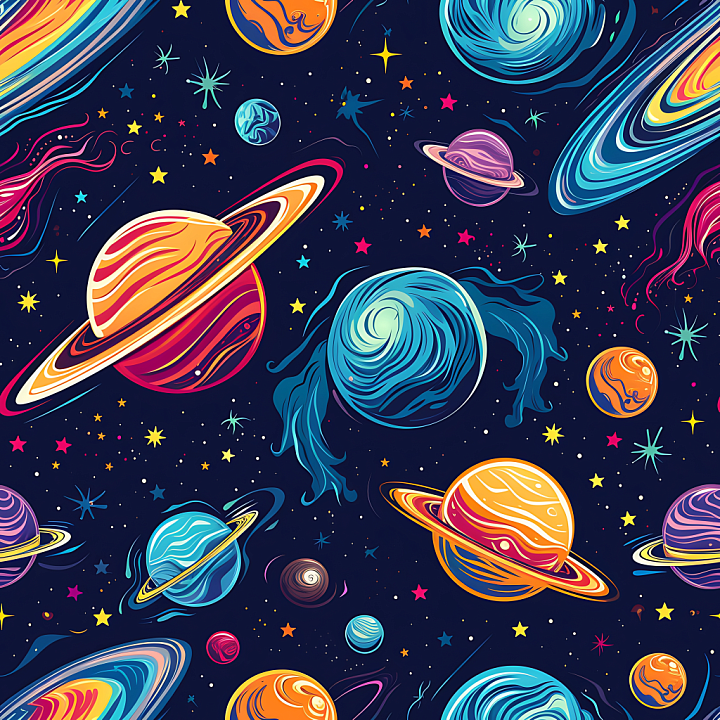 Space Featuring Stylized Colorful Planets and Starfield seamless PBR texture preview