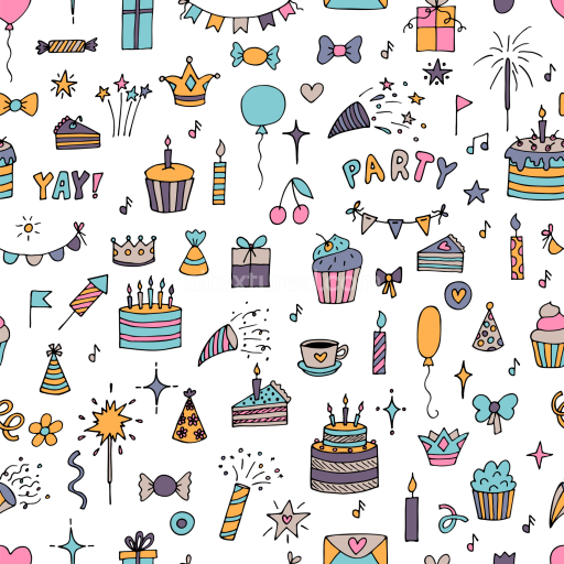 Seamless 3D PBR Texture with Hand-Drawn Birthday Party Icons Pattern
