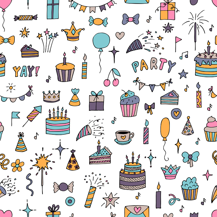 with Hand-Drawn Birthday Party Icons Pattern seamless PBR texture preview