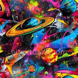 seamless Seamless 3D PBR Texture featuring Vibrant Cosmic Graffiti with Planets and Abstract Space Scenes texture 8k free download PBR