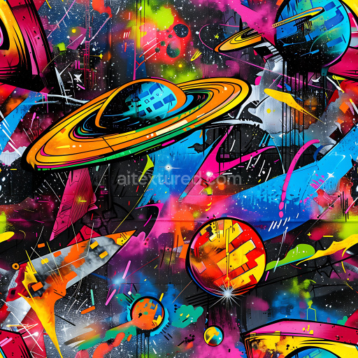 Seamless 3D PBR Texture featuring Vibrant Cosmic Graffiti with Planets and Abstract Space Scenes