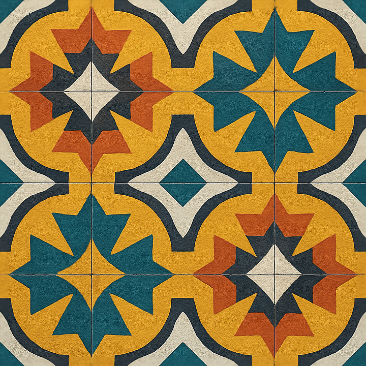 Encaustic Tiles Mosaic With Geometric Shapes And Vibrant Colors seamless PBR texture preview