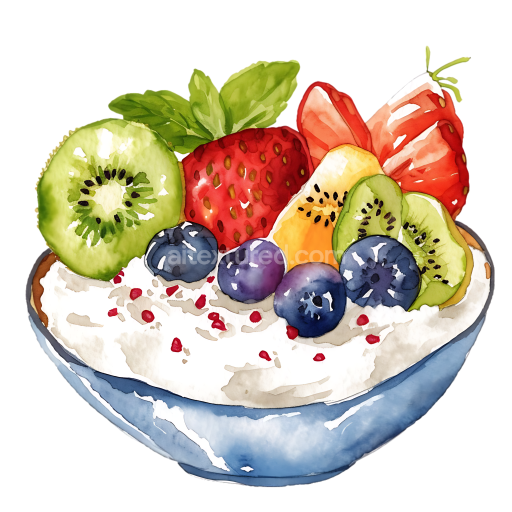 Watercolor Cottage Cheese Breakfast with Strawberries, Kiwi, and Blueberries