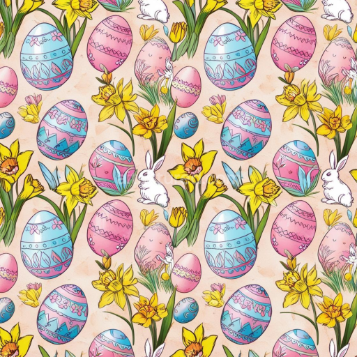 Seamless 3D PBR Texture Featuring Hand-Drawn Easter Eggs, Daffodils, and Bunnies