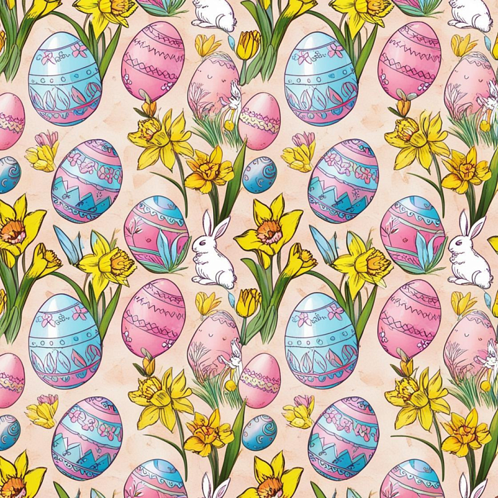 Featuring Hand-Drawn Easter Eggs, Daffodils, and Bunnies seamless PBR texture preview