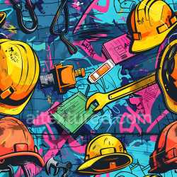 seamless Seamless 3D PBR Graffiti Texture Featuring Construction Hardhats and Tools texture 8k free download PBR