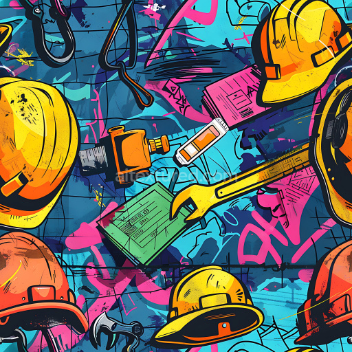 Seamless 3D PBR Graffiti Texture Featuring Construction Hardhats and Tools