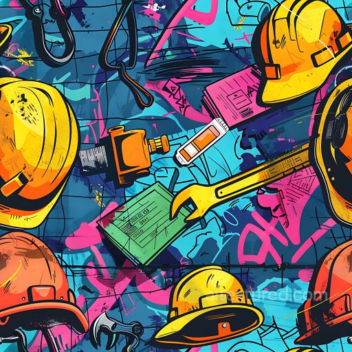 Seamless 3D PBR Graffiti Texture Featuring Construction Hardhats and Tools texture preview