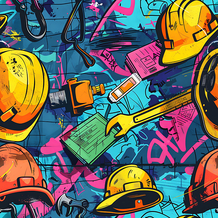 Graffiti Featuring Construction Hardhats and Tools seamless PBR texture preview