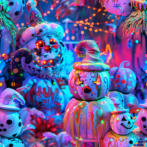 Seamless 3D PBR Texture Featuring Vibrant Painted Pumpkin Graffiti with Neon Drips