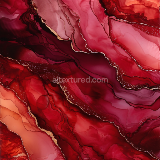 Seamless 3D Alcohol Ink PBR Texture Featuring Deep Red and Burgundy Fluid Swirls with Metallic Accents