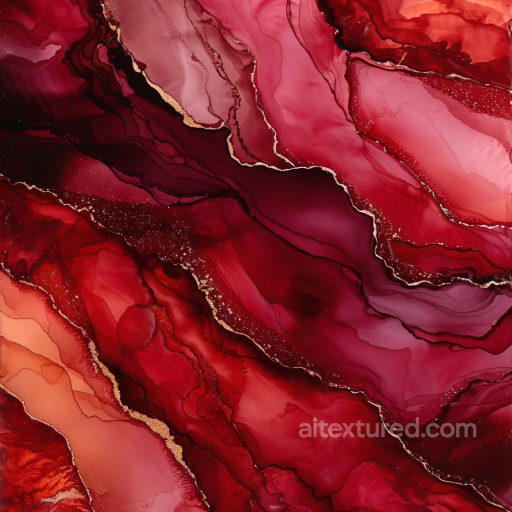 Alcohol Ink PBR Texture Featuring Deep Red and Burgundy Fluid Swirls with Metallic Accents seamless Alcohol ink PBR texture