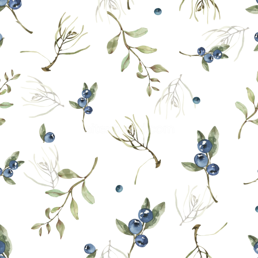 Seamless 3D PBR Texture of Watercolor Blueberry Branches and Green Leaves