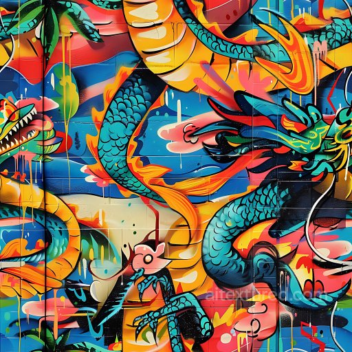 Seamless 3D PBR Graffiti Texture Featuring Vibrant Dragon Mural in Urban Style texture preview