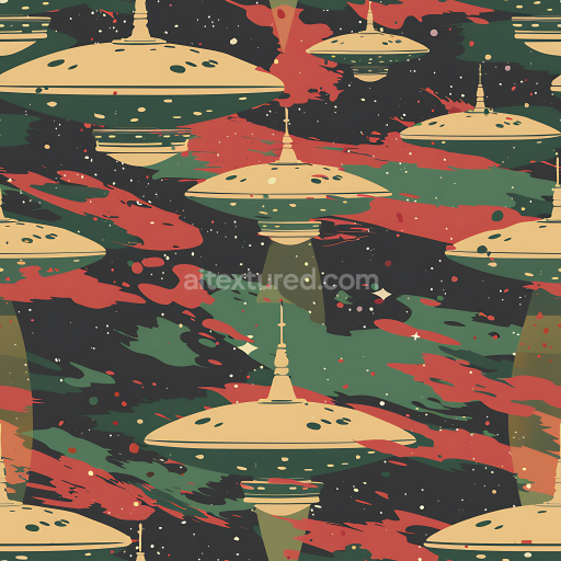 Seamless 3D PBR Texture Featuring Stylized Sci-Fi Camouflage with UFO Motif