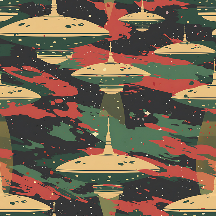Featuring Stylized Sci-Fi Camouflage with UFO Motif seamless PBR texture preview