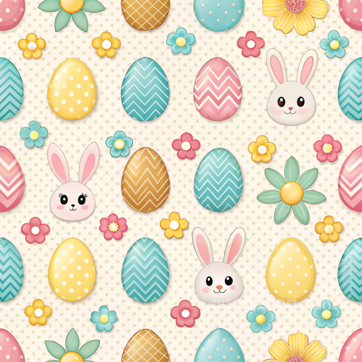 Easter Digital Paper Texture with Colorful Patterned Eggs and Bunny Faces seamless All Easter Digital paper PBR texture