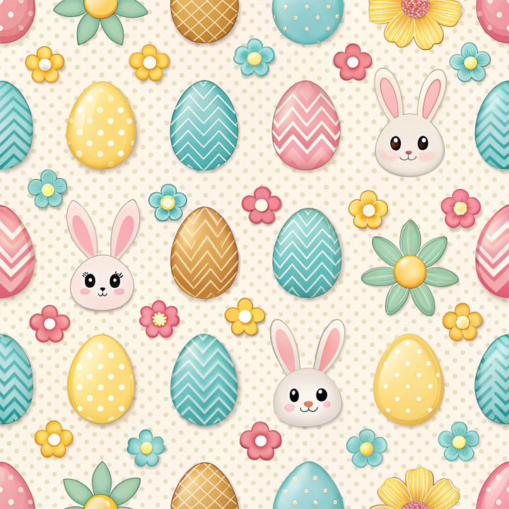 Easter Digital Paper with Colorful Patterned Eggs and Bunny Faces seamless PBR texture preview